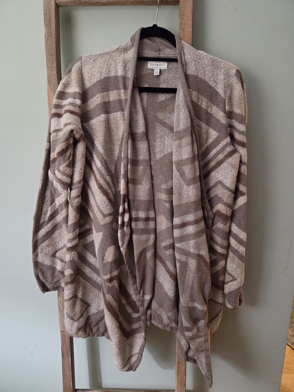 Lucky Brand Taupe and Cream Geometric Open-Front Cardigan